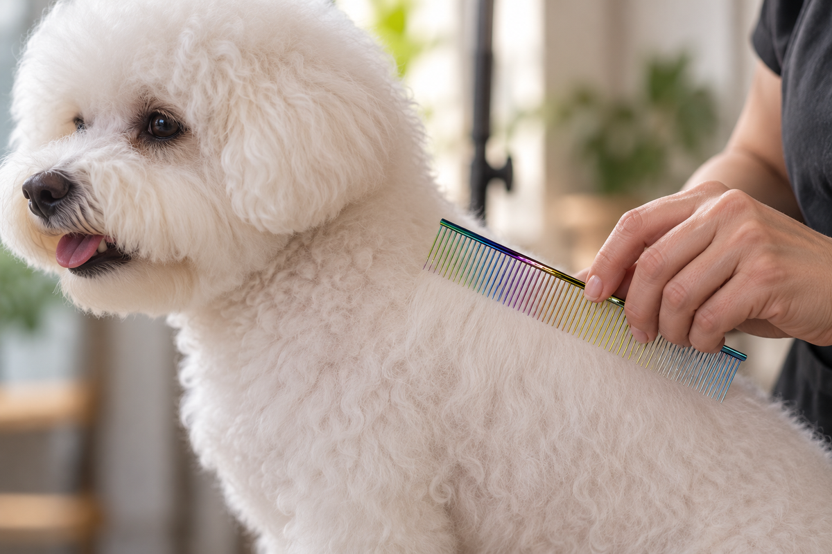 Groomer using a VUNRO rainbow comb to check a Bichon's dry shoulder coat