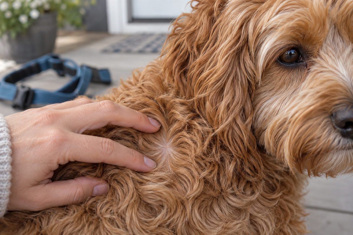 Pet parent gently parting a cockapoo's shoulder coat after removing its harness