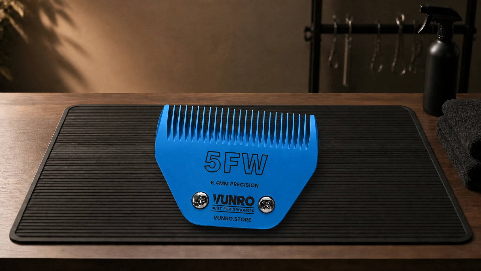 #5FW Wide Blue Steel Dog Clipper Blade (6.4 mm) resting naturally on the VUNRO grooming workbench